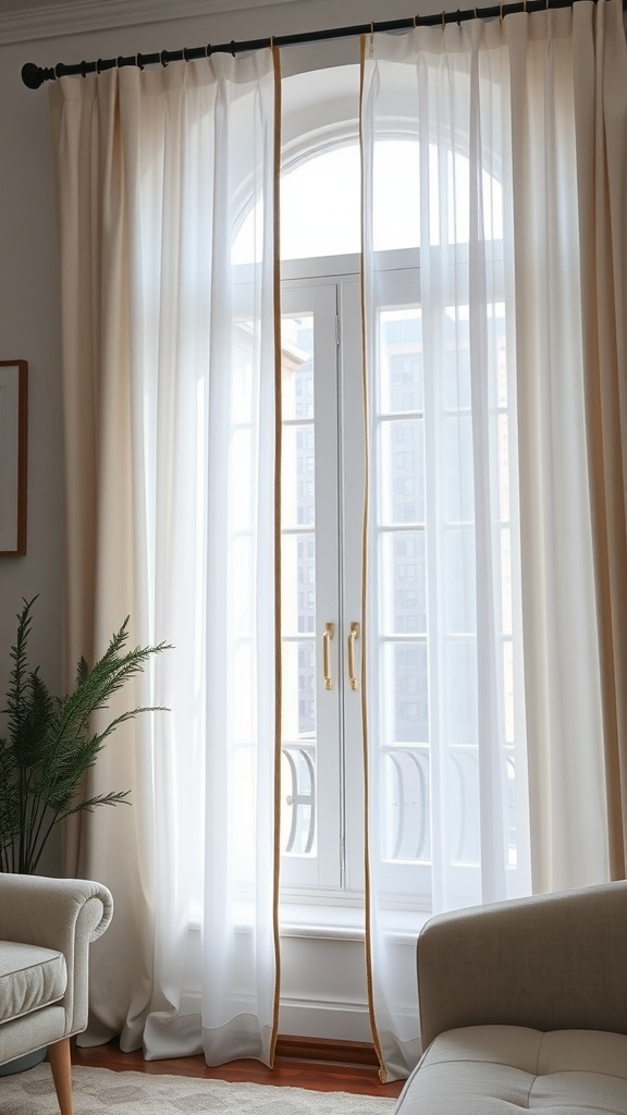 White curtains with gold trim hanging elegantly by a window in a stylish living room.