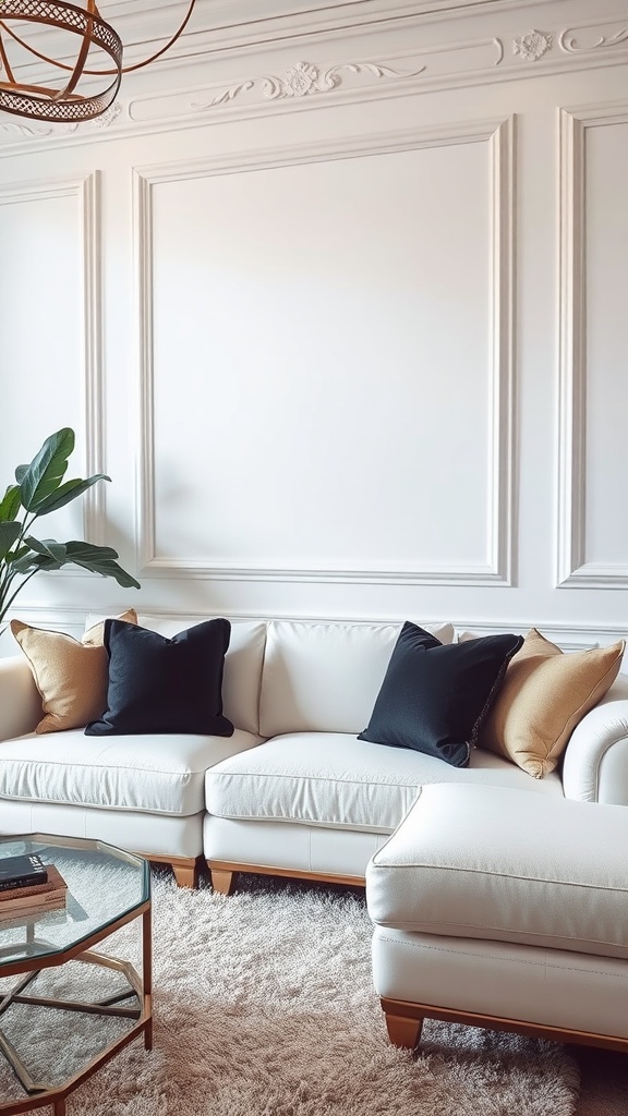 A stylish living room featuring a luxurious white sofa with dark accent pillows, a glass coffee table, and a plush rug