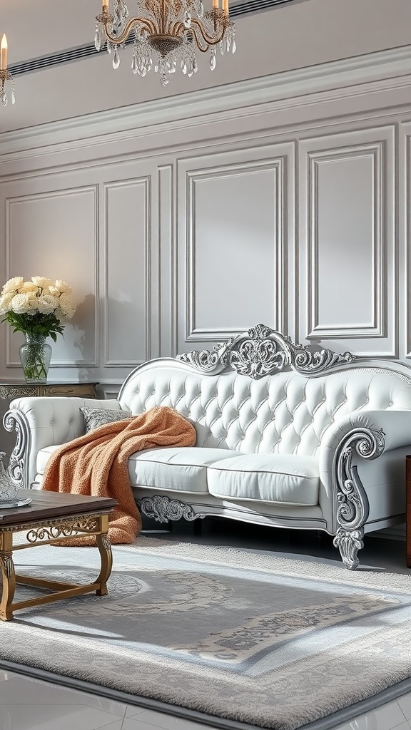 A luxurious white sofa with silver trimmings in a stylish living room setting.