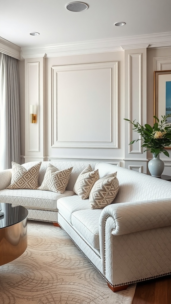 Luxurious living room featuring a white sectional sofa with textured upholstery and decorative pillows, accompanied by a sleek coffee table and elegant decor.