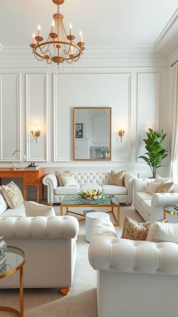 A luxurious living room featuring white velvet sofas, a chandelier, and elegant decor.