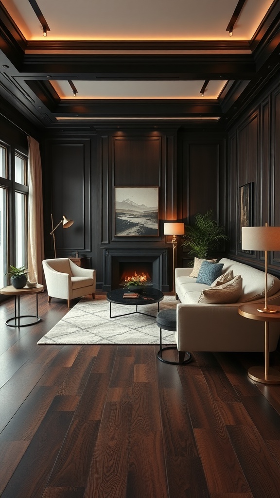 Cozy living room with dark wood flooring and elegant furnishings