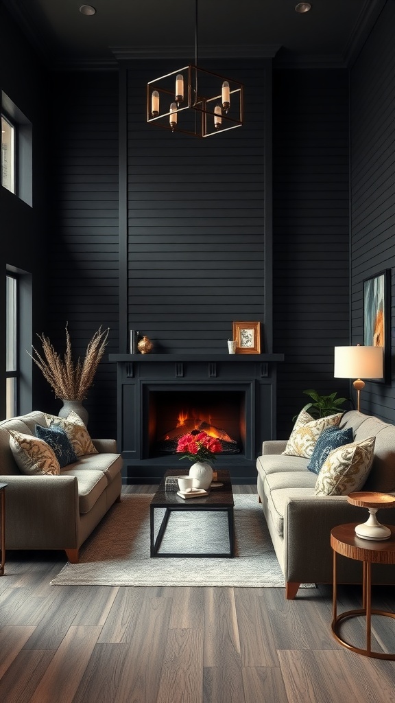 Luxurious living room with black shiplap walls, a warm fireplace, and elegant furniture.