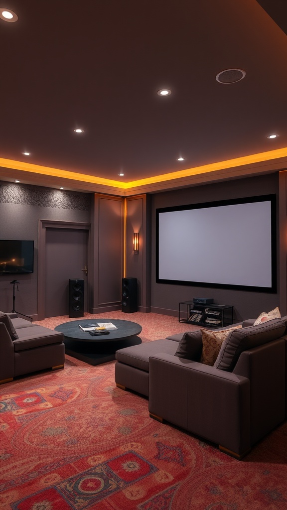 Cozy luxury home theater with plush seating and ambient lighting