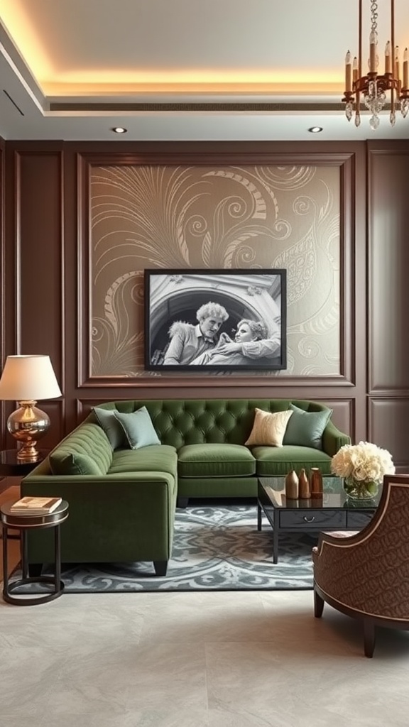 A luxurious living room featuring a green tufted sofa, elegant decor, and warm lighting.