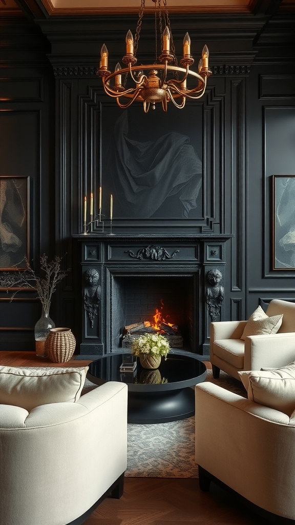 A luxurious living room featuring a black fireplace, light-colored chairs, and elegant chandelier.