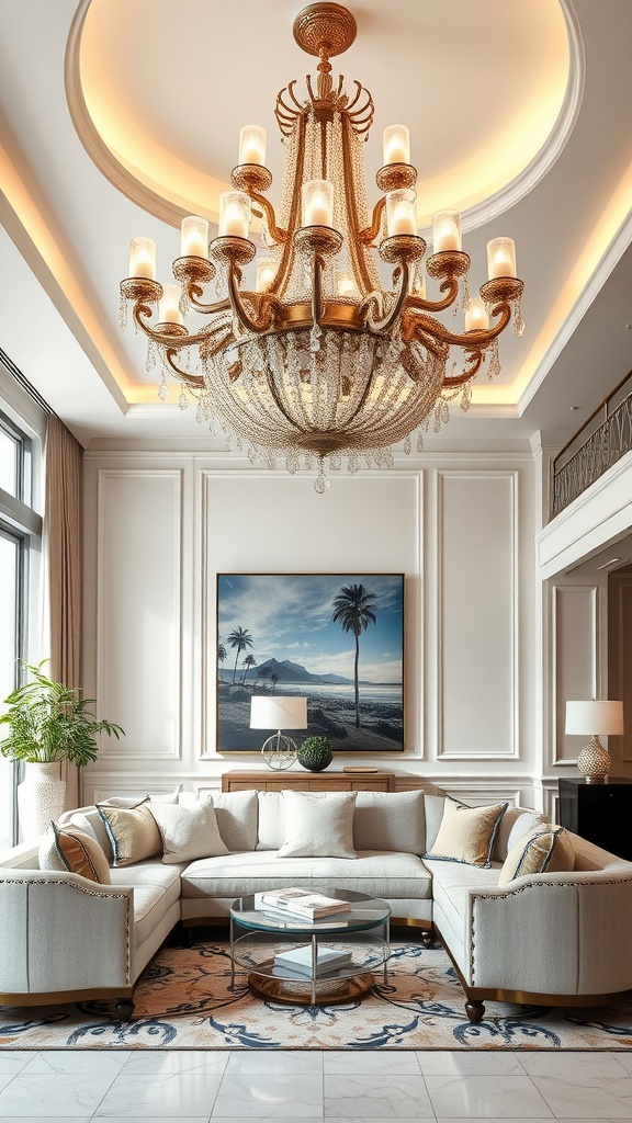 Living room with an elegant chandelier and plush sectional sofa, inspired by luxury resort decor.