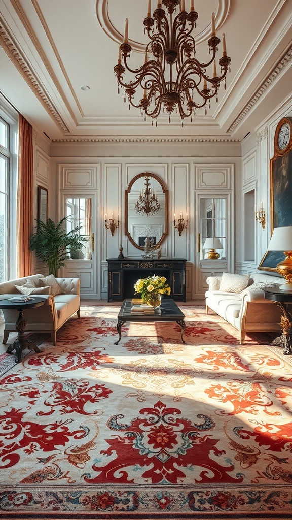 A luxurious living room featuring a silk rug with intricate patterns, elegant sofas, and a chandelier.