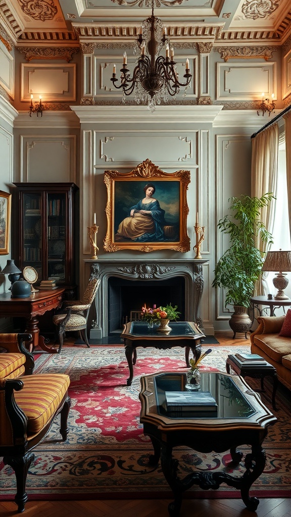 A luxurious traditional living room featuring ornate details, a classic portrait, elegant furniture, and a warm atmosphere.