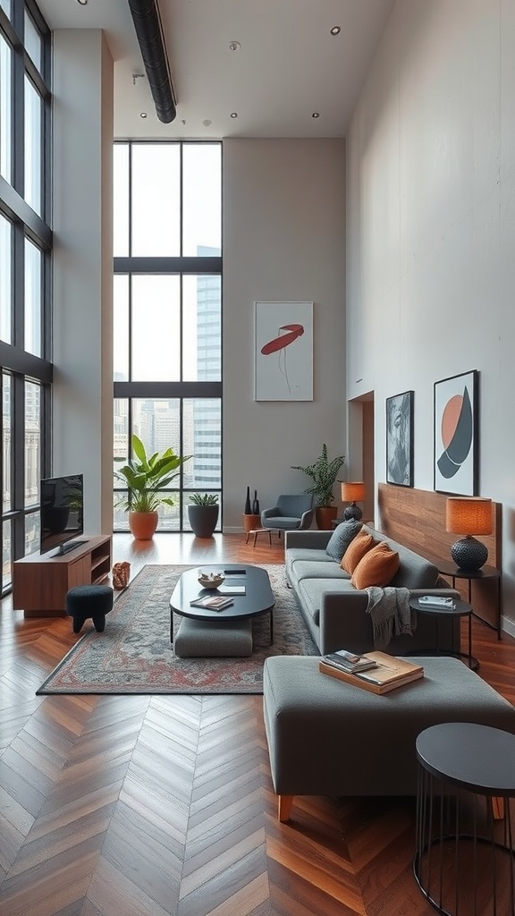 A luxury urban loft with large windows, modern furniture, and a cozy atmosphere.