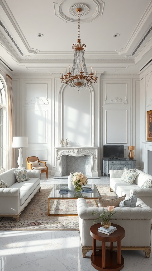 A luxurious white living room featuring elegant furniture, a chandelier, and a decorative fireplace.