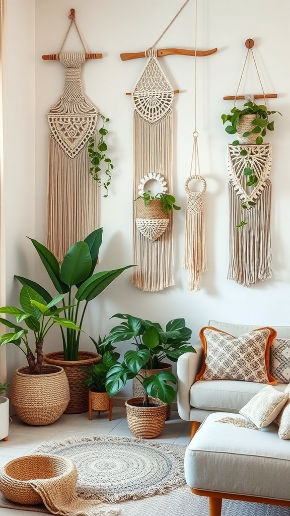 A cozy living room featuring macramé wall hangings with plants, woven baskets, and soft furniture