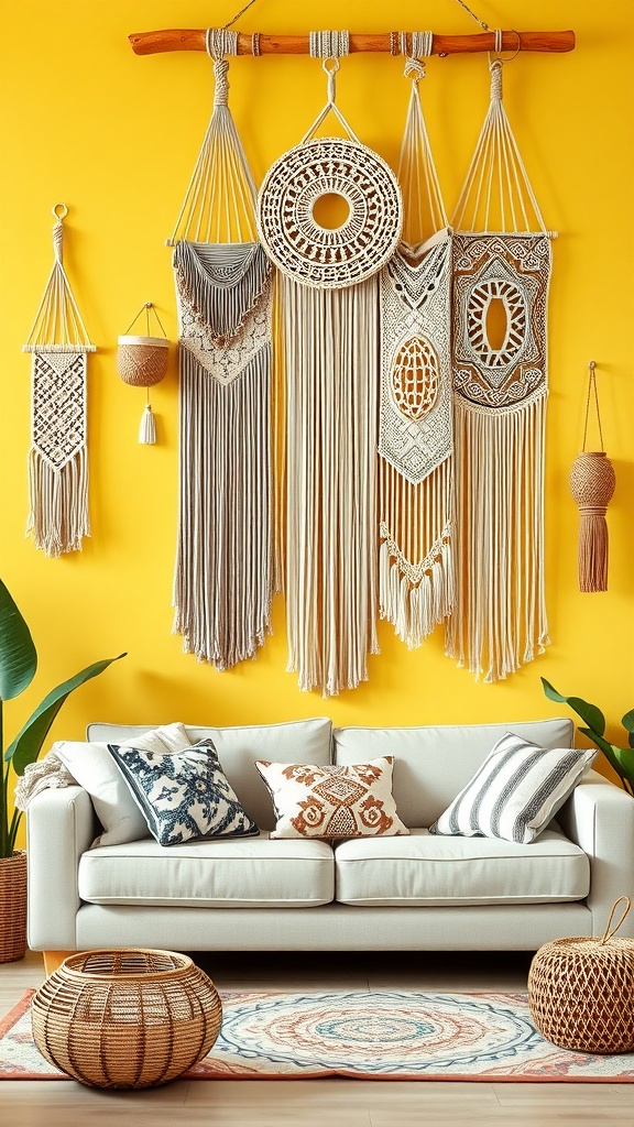 A cozy living room featuring macramé wall hangings on a yellow wall, with a light sofa and decorative pillows.