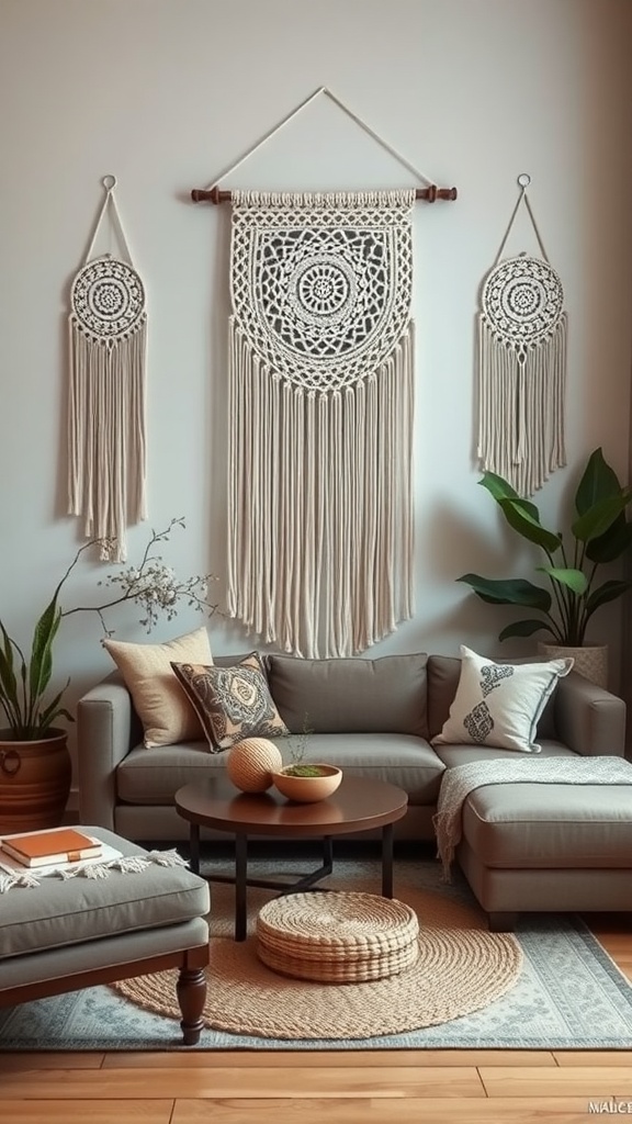 Cozy living room featuring macramé wall hangings and natural decor elements.