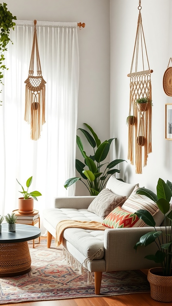 A boho-style living room featuring macrame wall hangings, hanging plants, and a cozy sofa.