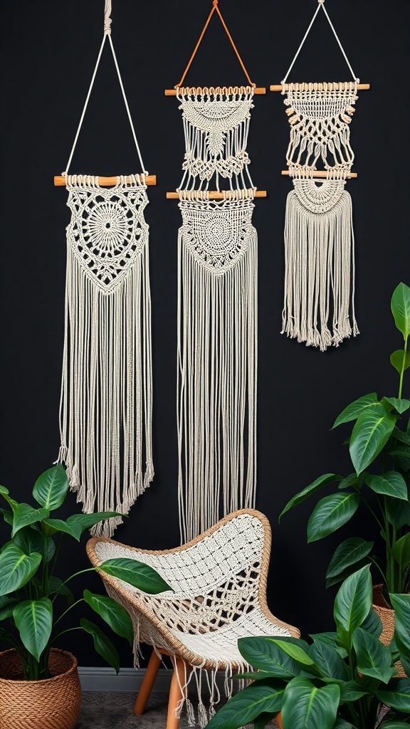 Three macrame wall hangings of varying designs against a black wall, accompanied by a woven chair and green plants.