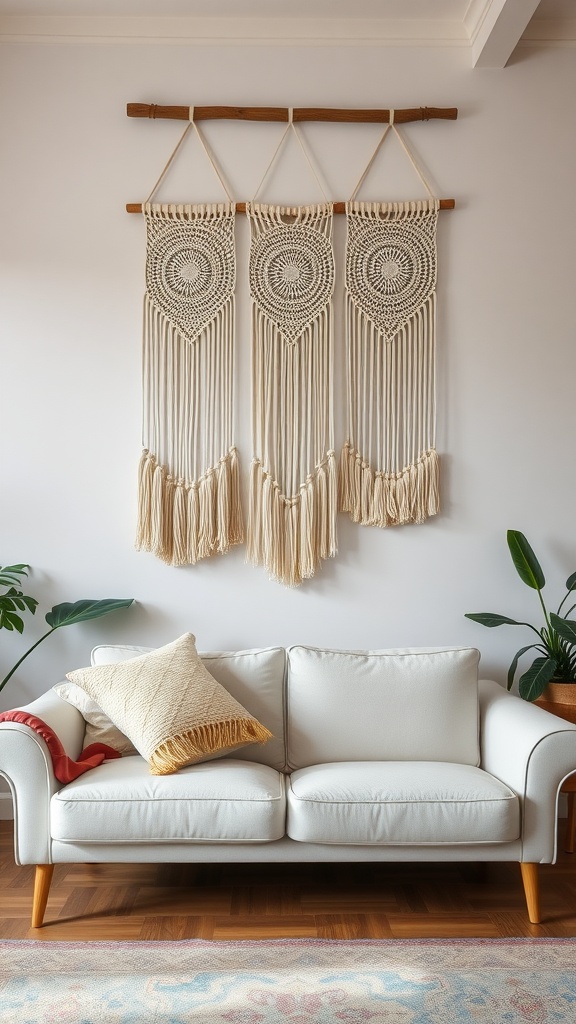 Three macrame wall hangings above a white sofa in a minimalist bohemian living room