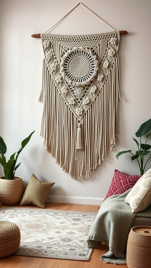 A cozy living room featuring a large macrame wall hanging, woven baskets, patterned pillows, and a rug, creating a boho vibe.