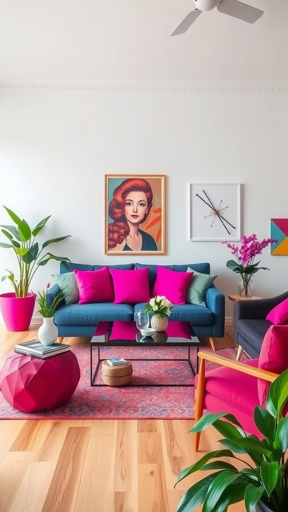 A cozy living room featuring a teal sofa adorned with magenta cushions, a vibrant pink pouf, and a stylish coffee table.