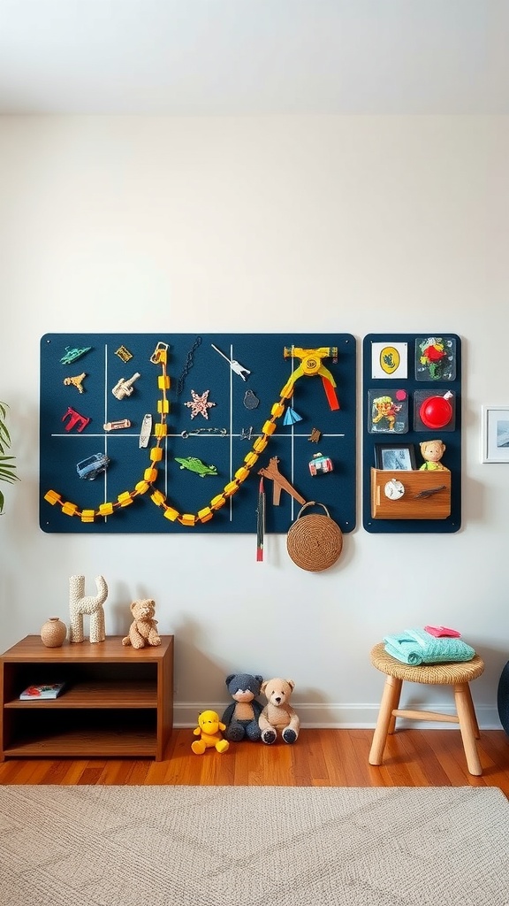 A magnetic board displaying various toys, with a cozy living room setup featuring plush toys and a simple storage unit.