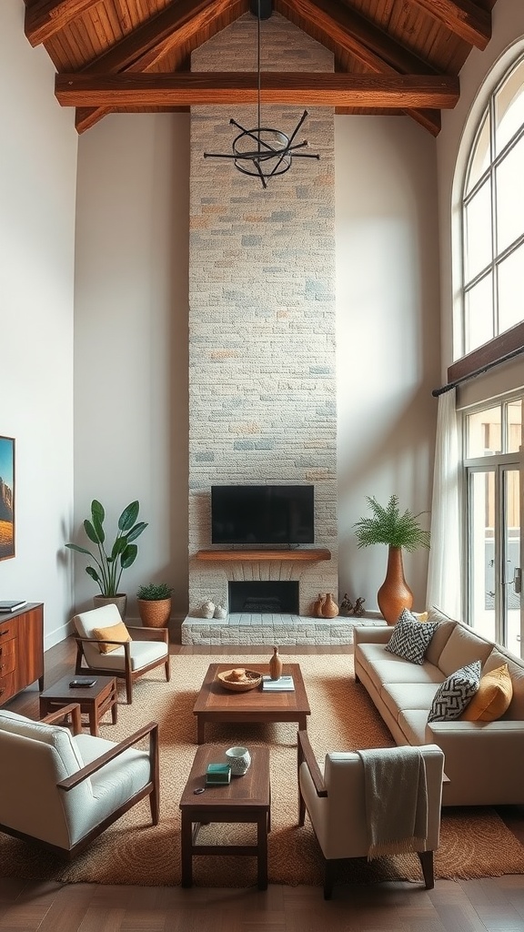 Modern western living room with high wooden ceiling and stone feature wall