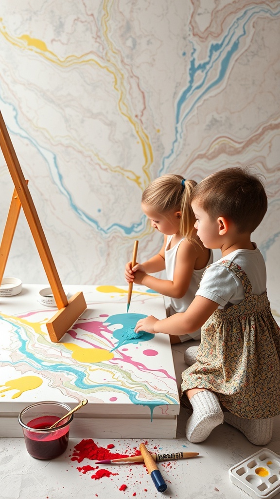 Two children engaged in marble painting, using colorful paints on a canvas.