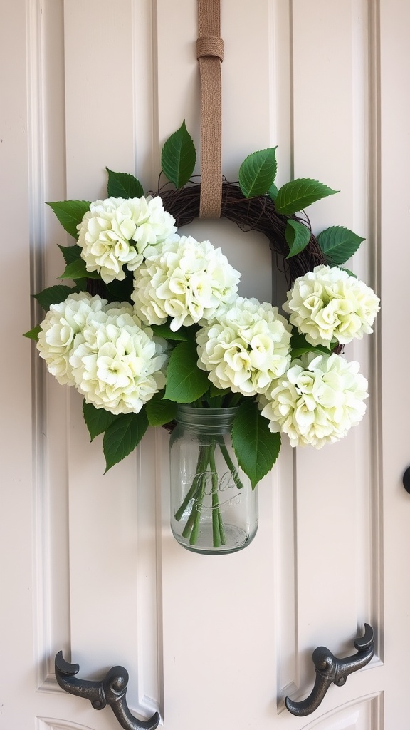 A beautiful wreath made with white hydrangeas and a mason jar on a front door.