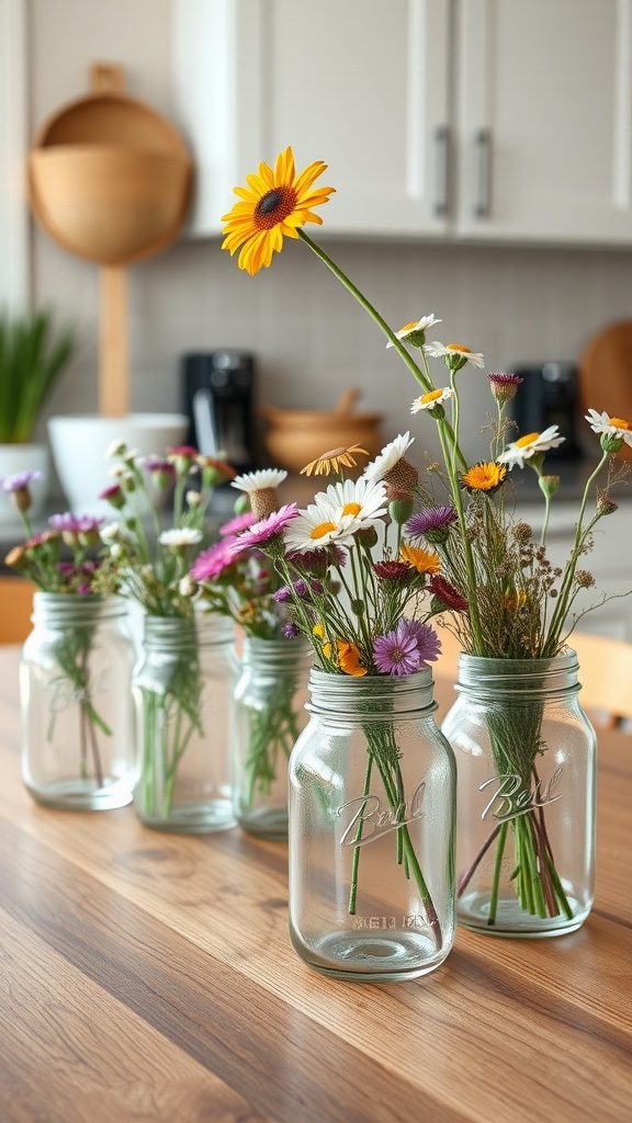 Mason jars filled with various wildflowers on a kitchen table.