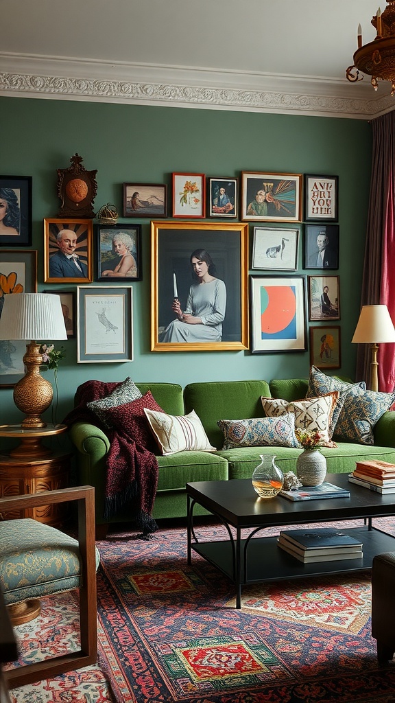 A cozy living room featuring a green sofa, colorful cushions, a gallery wall of artwork, and a stylish coffee table.