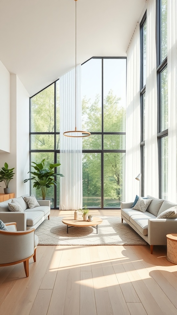 A bright living room with large windows, light-colored furniture, and plants, showcasing natural light