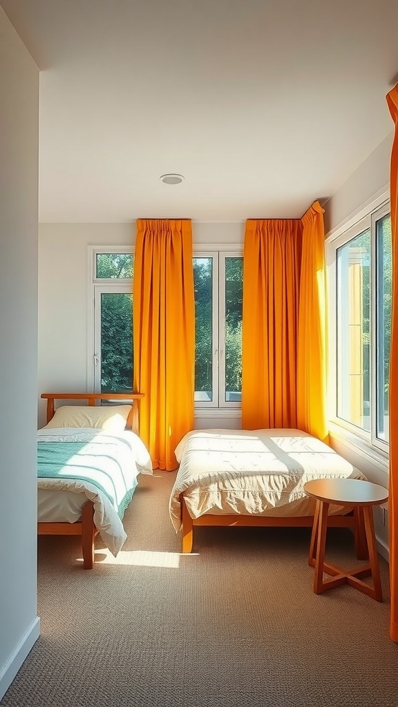 A small shared bedroom with two beds, large windows, and orange curtains.