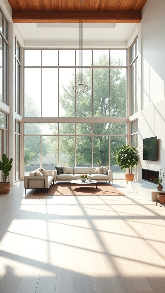 A bright and airy open concept living room with large windows, showcasing natural light and modern furniture.