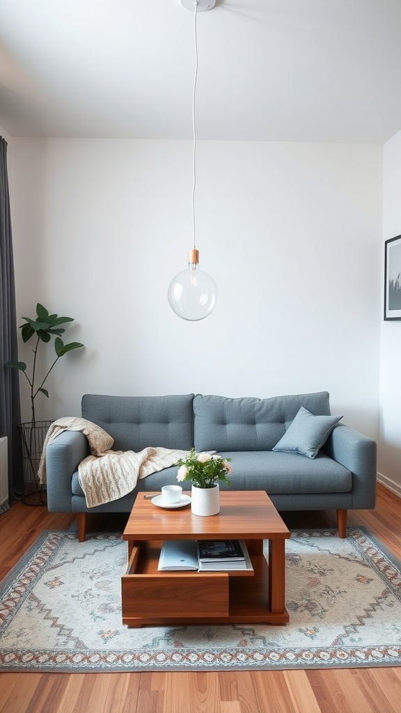 A cozy small living room featuring a gray sofa, a wooden coffee table with storage, and a hanging pendant light.