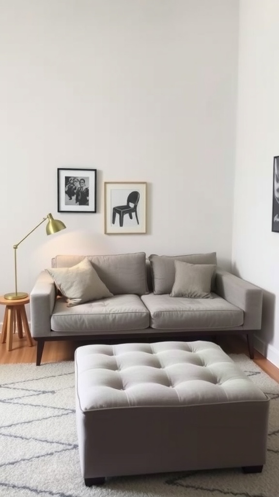 A small living room featuring a light gray sofa, a tufted ottoman, and wall art.