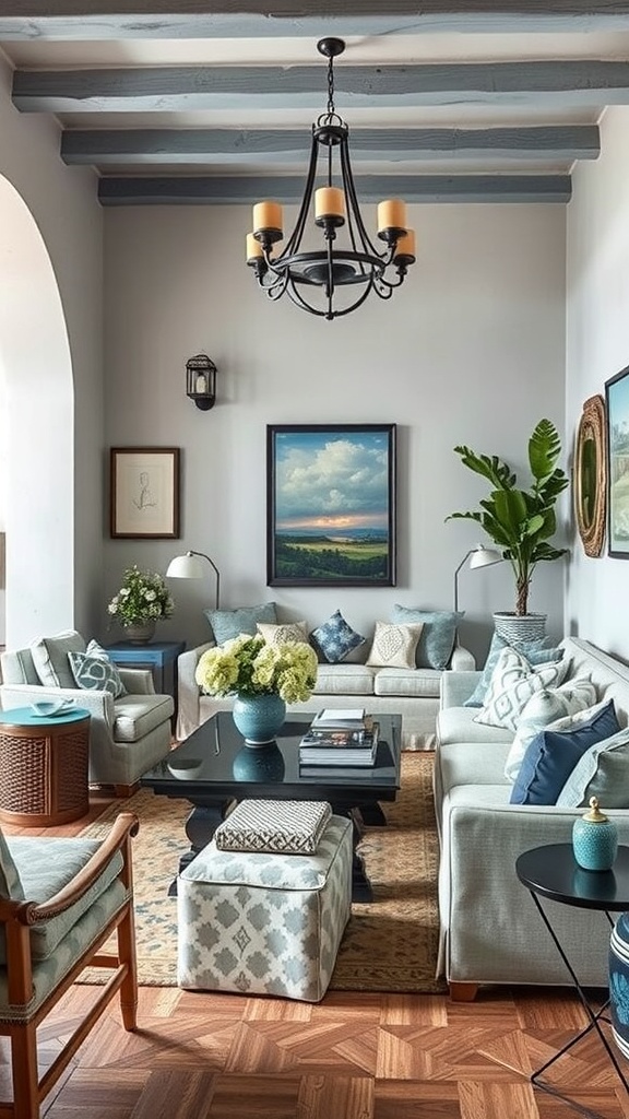 A stylish Mediterranean living room featuring light blue accents, comfortable seating, and natural decor elements.