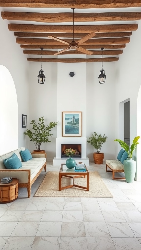 A cozy Mediterranean living room with wooden beams, soft seating, and plants.