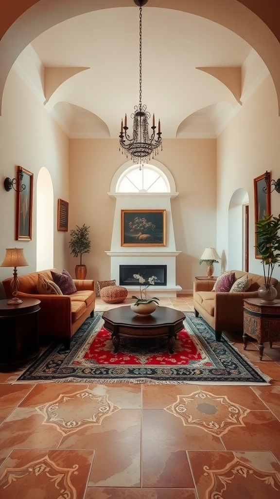 A Mediterranean inspired living room with a rich patterned rug, cozy sofas, and elegant decor.