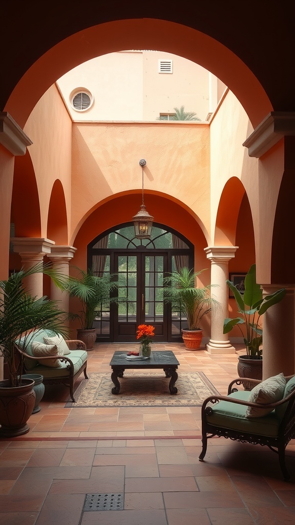 A Mediterranean style sunken living area with arched doorways, terracotta tiles, and cozy seating.