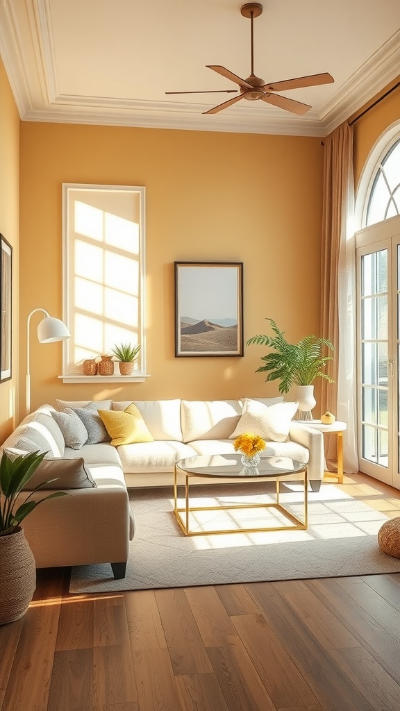 A cozy living room painted in mellow butter yellow, featuring a light sofa, plants, and natural sunlight coming through large windows.