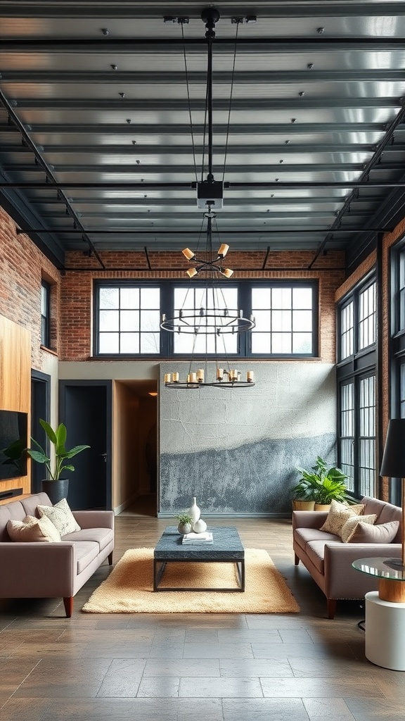 Living room with metal ceiling and exposed brick walls, featuring stylish furniture.