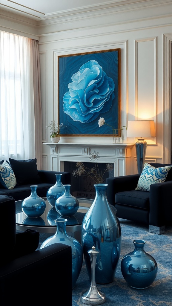 A living room with black furniture, metallic blue vases, and a blue floral artwork on the wall.