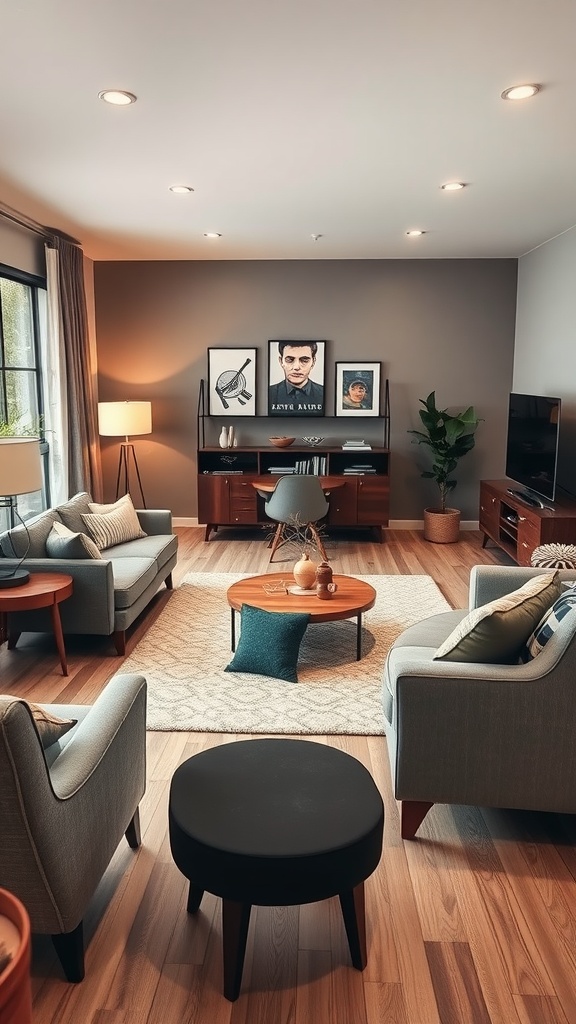 A stylish living room featuring mid-century gray furniture, warm wooden accents, and modern decor.