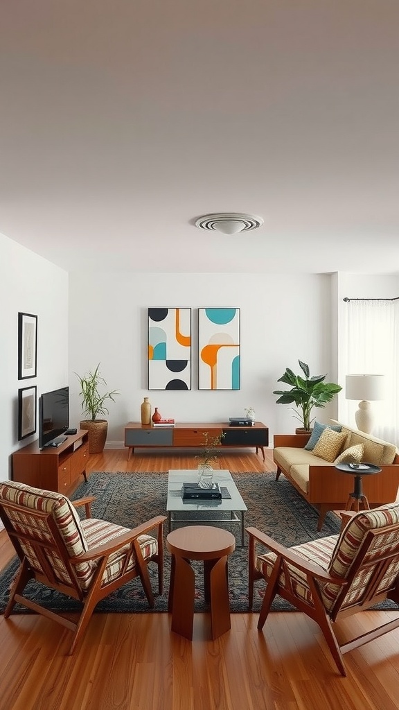 Mid-century modern living room featuring wooden furniture, colorful art and plants