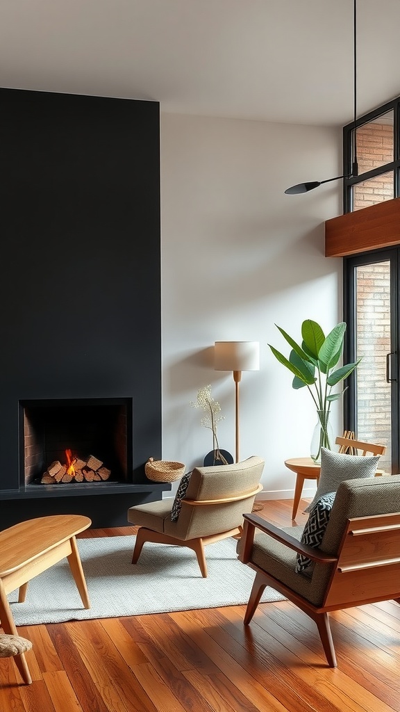 Mid-century modern living room featuring a black fireplace, wooden furniture, and a cozy atmosphere.