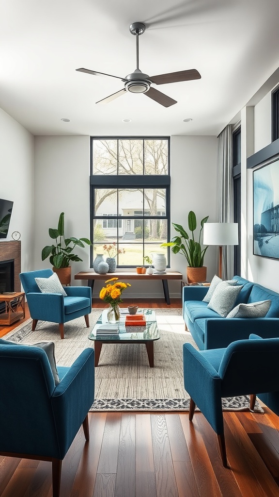 Mid-century modern living room with blue sofas and chairs, plants, and natural light.