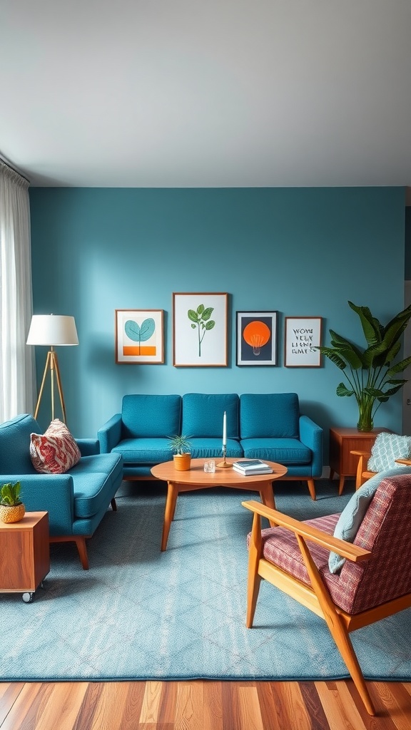 A mid-century modern living room featuring a blue couch, wooden furniture, and nature-themed wall art