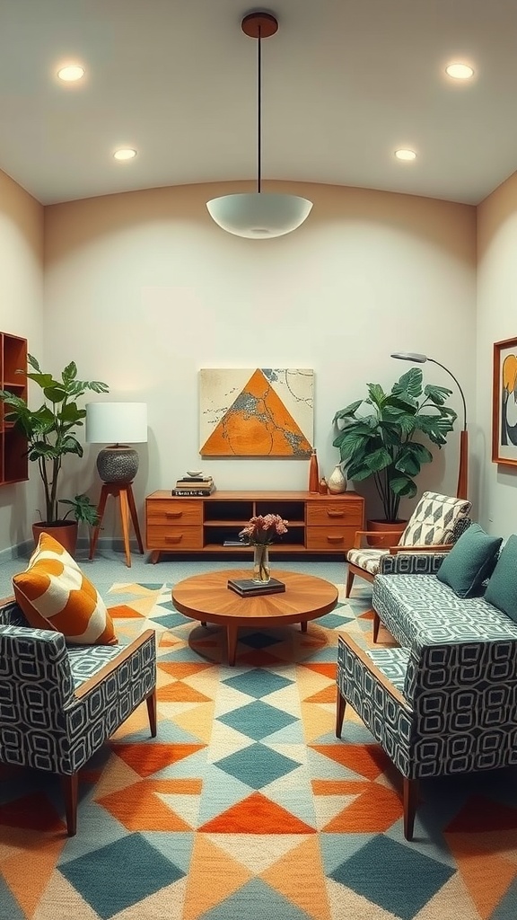 A mid-century modern living room featuring patterned chairs, a coffee table, a geometric rug, and stylish decor.