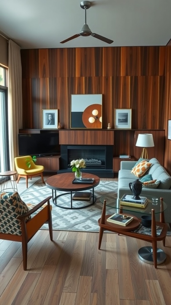 A cozy mid-century modern living room with wood paneling, a gray sofa, colorful chairs, and a round coffee table.