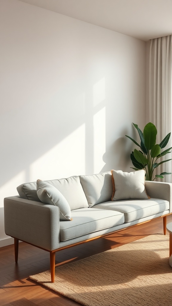 A mid-century modern couch with clean lines, light gray upholstery, and wooden legs, accompanied by accent pillows, in a well-lit room.