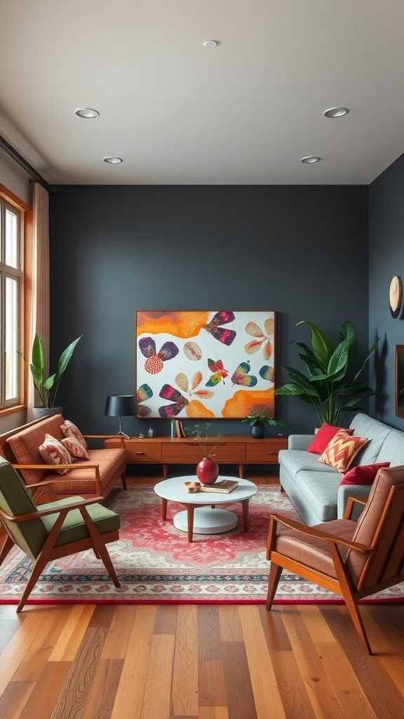 A stylish mid-century modern living room with dark walls, vibrant artwork, and cozy seating